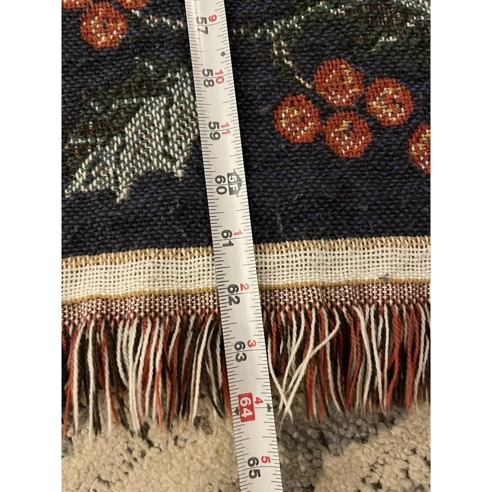 VTG Red Cardinal Holly Woven Tapestry Throw Blanket Jacquard Fringe Christmas